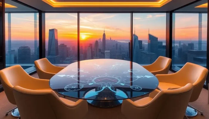 A modern luxury office equipped with AI technologies, overlooking a city skyline.