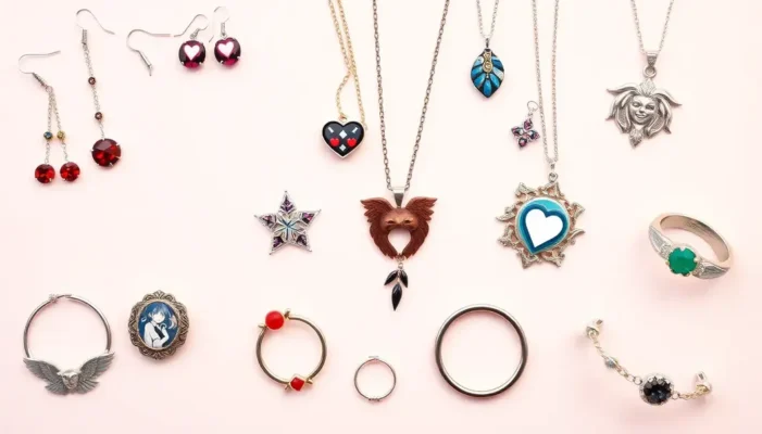 Various pieces of anime-themed jewelry, including earrings, necklaces, and more, displayed on a colorful background.