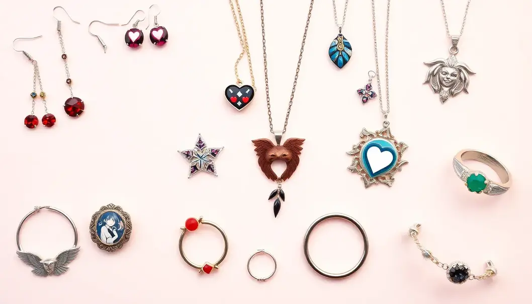Various pieces of anime-themed jewelry, including earrings, necklaces, and more, displayed on a colorful background.