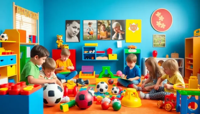 Children playing with various toys and sports items in a colorful playroom, symbolizing the intersection of play and learning.