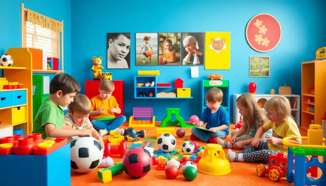 Children playing with various toys and sports items in a colorful playroom, symbolizing the intersection of play and learning.