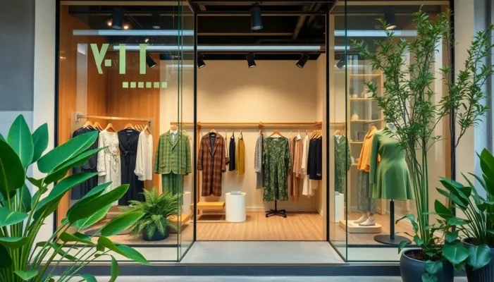 Storefront showcasing sustainable fashion with eco-friendly garments and green decor.